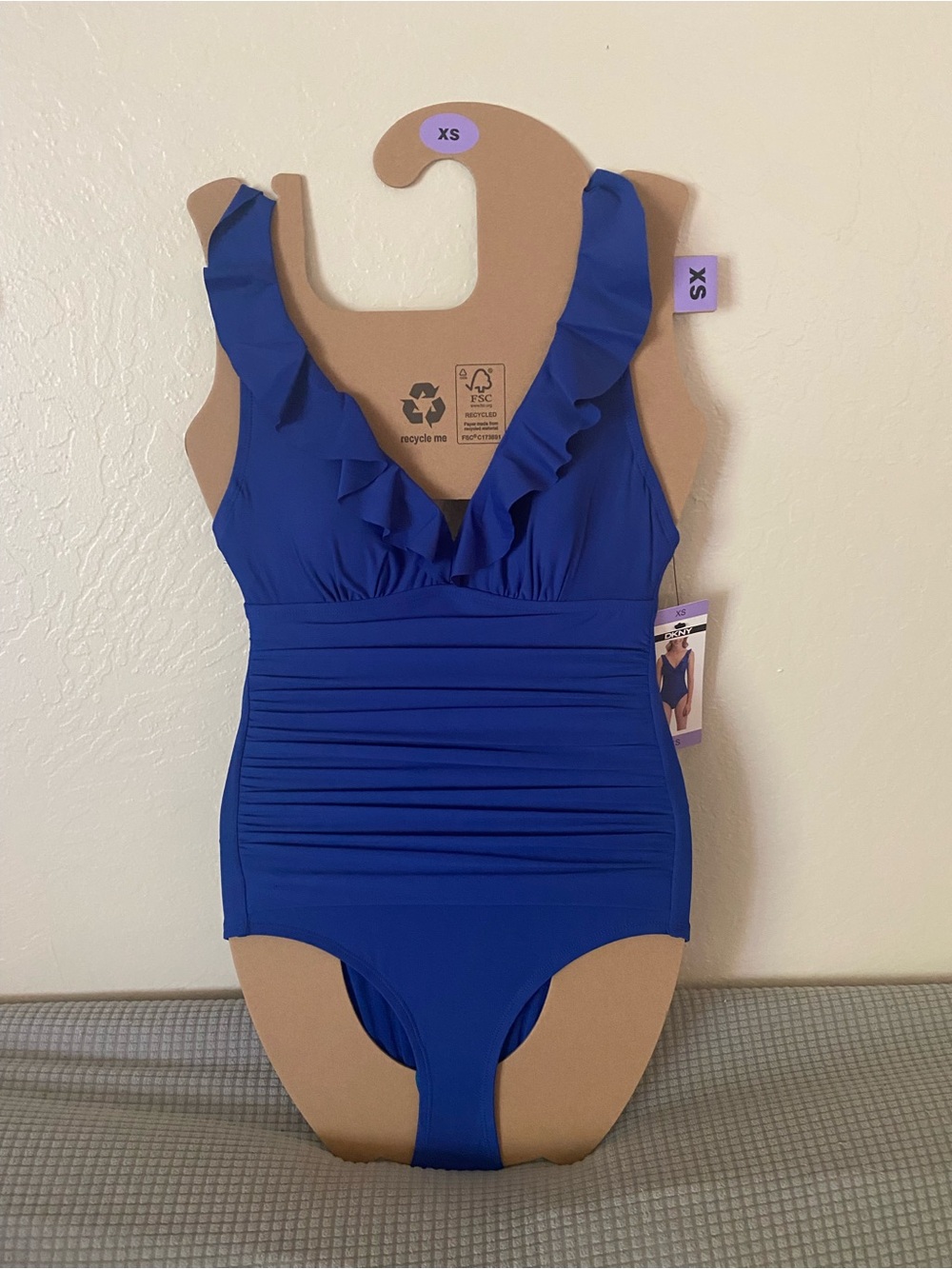 Brand New! DKNY Ruffled V-Neck One-Piece Swimsuit in Royal Blue